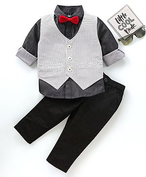 Babyhug Full Sleeves 100% Cotton Waist Coat & Shirt with Stretch Fir Pants - Black