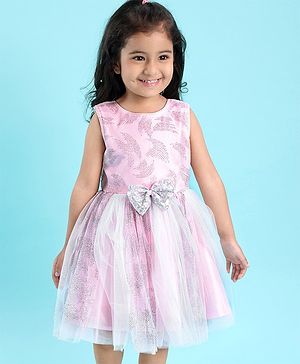 Babyhug Sleeveless Rhine Stones Party Wear Frock With Bow  - Pink