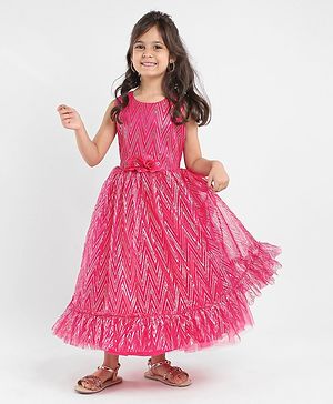 Babyhug Sleeveless Chevron Printed Party Frock - Fuschia