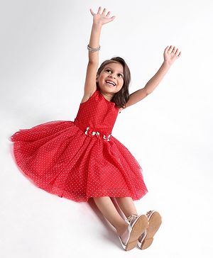 Babyhug Sleeveless Party Frock Foil Glitter Print - Persian Red