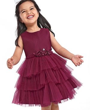 Babyhug Sleeveless Party Wear Layered Frock With Net Detailing & Floral Corsage- Maroon