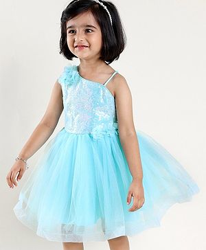 Babyhug Sleeveless Party Wear Frock with Sequins and Corsage - Light Blue