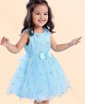Babyhug Sleeveless Glittery Party Frock With Bow - Light Blue