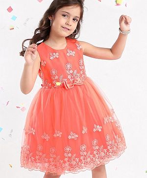 Babyhug Sleeveless Floral Embroidery Party Frock - Orange