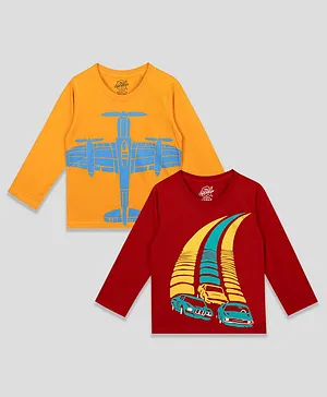 The Sandbox Clothing Co Pack Of 2 Full Sleeves Aeroplane & Cars Printed Tees - Red & Mustard Yellow