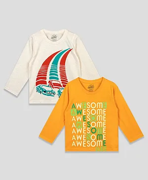 The Sandbox Clothing Pack Of 2 Full Sleeves Awesome & Cars Printed Tees - White & Mustard Yellow