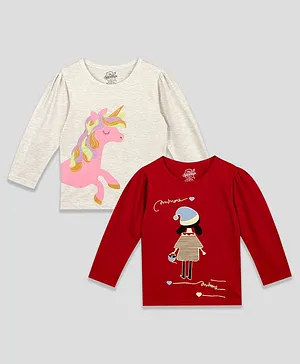 The Sandbox Clothing Co Pack Of 2 Full Sleeves Girl & Unicorn Printed Tees - Red & Grey