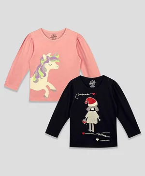 The Sandbox Clothing Co Pack Of 2 Full Sleeves Girl & Unicorn Printed Tees - Black & Pink