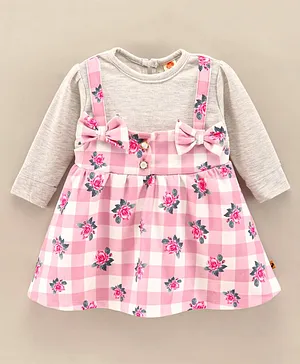 Dew Drops Looper Full Sleeves Checked Winter Frock With Bow Applique & Floral Print- Pink