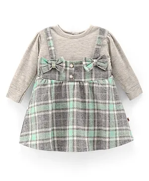 Dew Drops Looper Full Sleeves Checked Frock With Bow Applique- Grey Blue