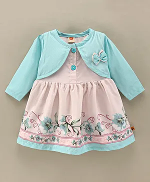 Dew Drops Looper Full Sleeves Frock With Shrug Floral Print & Bow Applique- Blue