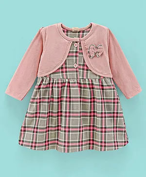 Dew Drops Looper Full Sleeves Checked Frock With Shrug Bow Applique- Pink