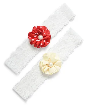 Funkrafts Set Of 2 Polka Dot Printed Flower Applique & Pearl Detailed Headbands - Off White & Red