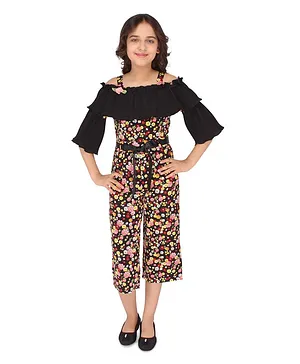 Cutecumber Cold Shoulder Sleeves Floral Printed Crop Length Jumpsuit - Black