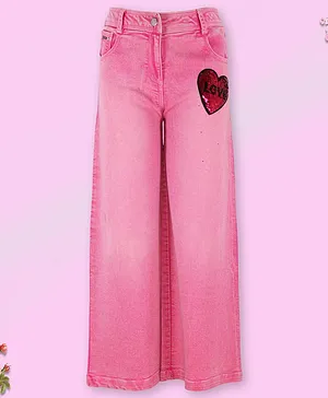 Cutecumber Sequins Heart Embellished Denim Flared Jeans - Pink