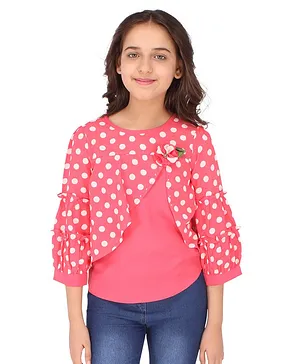 Cutecumber Three Fourth Sleeves Polka Dots Printed Flower Applique Frilled Top -  Coral Pink