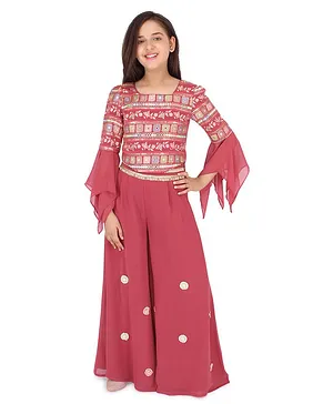 Cutecumber Full Sleeves Mirror Work And Floral Embroidered Crop Top With Flared Embellished Palazzo - Red