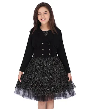Cutecumber Sleeveless Lace Detailing Satin Self Design Fit & Flared Dress With Full Sleeves Buttons Embellished Shrug - Black