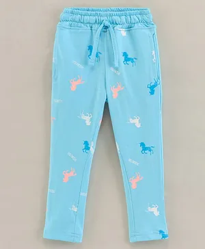 Olio Kids Cotton Knit Full Length Unicorn Print Trousers - Blue