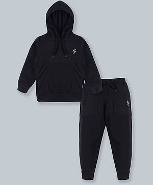 Kiddopanti Full Sleeves Logo Printed Kangaroo Pocket Hooded Sweatshirt & Track Pants Set - Jet Black