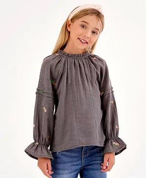 Primo Gino Cotton Viscose Full Sleeves Embroidered Top - Grey