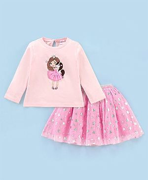Babyhug Full Sleeves Cotton Top with Applique  & Fancy Mesh Skirt with Foil Star Print - Pink