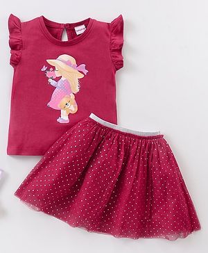 Babyhug Short Sleeves Knit Top & Knee Length Fancy Mesh Skirt  With Foil - Maroon