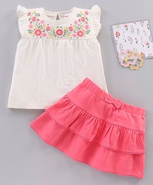Babyhug Short Sleeves Floral Puffed Top & Knee Length Frilled Skirt - Off White Pink