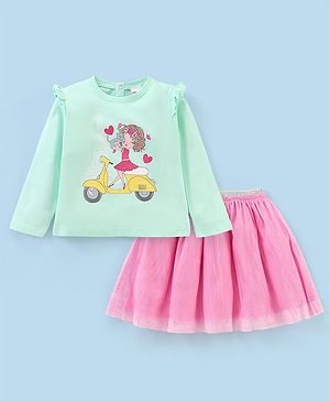 Babyhug Full Sleeve Glitter Printed Top & Skirt Set in Fancy Mesh - Mint & Lilac