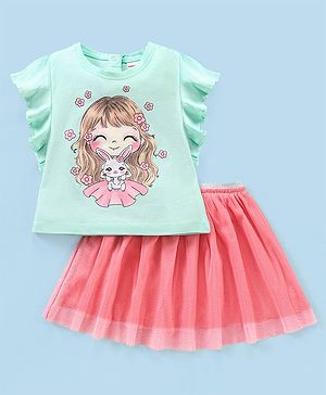 Babyhug Cotton Knit Short Sleeves Printed Top & Fancy Mesh Glitter Skirt - Light Blue & Pink