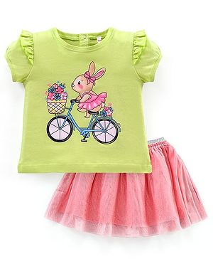 Babyhug Half Sleeves Rabbit Print Top & Knee Length Glitter Skirt - Green Pink
