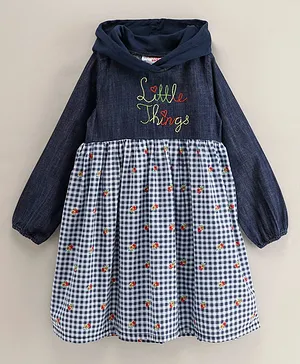 Under Fourteen Only Full Sleeves Little Things Text Placement Embroidered & Gingham Checked Floral Printed Hooded Dress - Blue