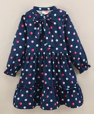 Under Fourteen Only Full Sleeves All Over Polka Dot Printed & Ruffle Detailed Fit & Flare Dress - Navy Blue