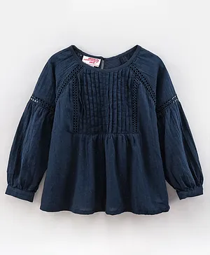 Under Fourteen Only Full Sleeves Placement Pleats Detail Top - Navy Blue