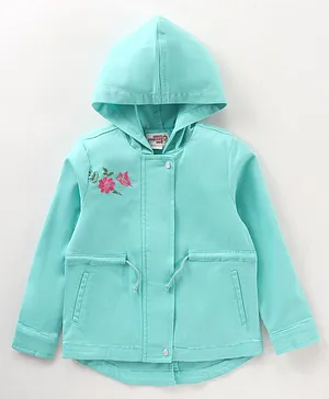 Under Fourteen Only Full Sleeves Floral Embroidered Hooded Jacket - Sea Green