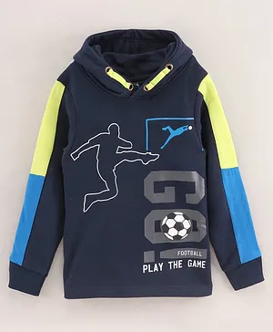 Under Fourteen Only Full Sleeves Football Print Hooded Sweatshirt - Navy Blue