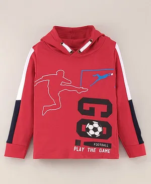 Under Fourteen Only Full Sleeves Football Print Hooded Sweatshirt - Red