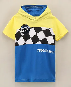 Under Fourteen Only Half Sleeves Chess Board Checked & Go Sequins Embellished Hooded Tee - Yellow