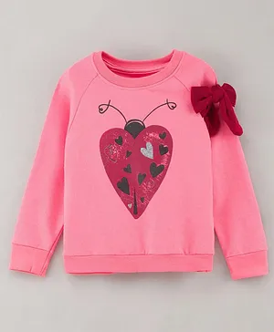 Under Fourteen Only Full Sleeves Heart & Butterfly Printed Bow Detailed Sweatshirt - Pink