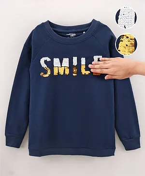 Under Fourteen Only Full Sleeves Smile Text In Reversible Sequins Embellished Sweatshirt - Navy Blue