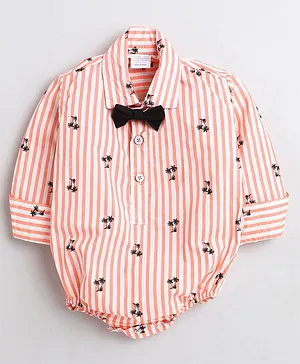 Polka Tots Full Sleeve Candy Striped & All Over Tree Coccnut Tree Printed Onesie With Bow Tie - White & Peach