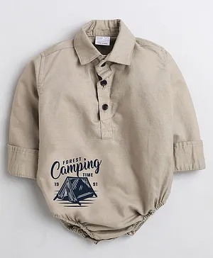 Polka Tots Full Sleeves Forest Camping Text Placement Printed Onesie - Khaki Brown