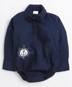 Polka Tots Full Sleeves Marine Cruise Text & Anchor Placement Printed Onesie With Coordinating Bow - Navy Blue