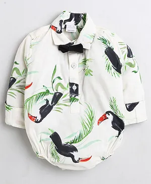 Polka Tots Full Sleeves All Over Toucan Bird & Tropical Leaves Printed Onesie With Bow Tie - White