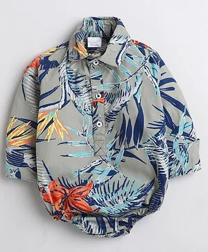 Polka Tots Full Sleeves Seamless Tropical Leaves & Flower Printed Onesie - Grey