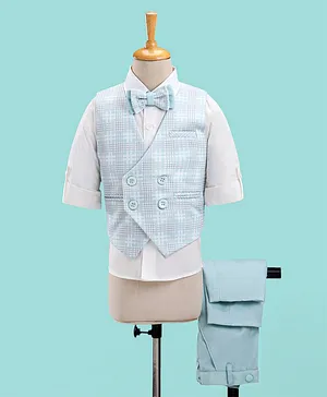 Robo Fry Cotton Knit Full Sleeves Checkered Party Suit with Bow Tie - Sea Green