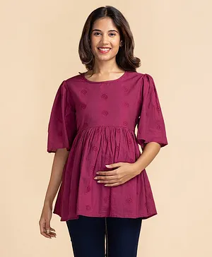Bella Mama Half Sleeves Cotton Schiffli Maternity Top - Dark Purple