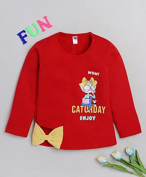Nottie Planet Full Sleeves Caturday Enjoy Cat Printed With Bow Applique Tee - Red