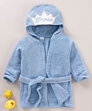 Babyhug Three Fourth Sleeves Woven Terry Hooded Bath Robe Prince Design - Blue