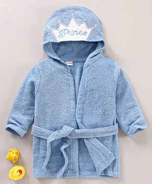 Babyhug Three Fourth Sleeves Woven Terry Hooded Bath Robe Prince Design - Blue